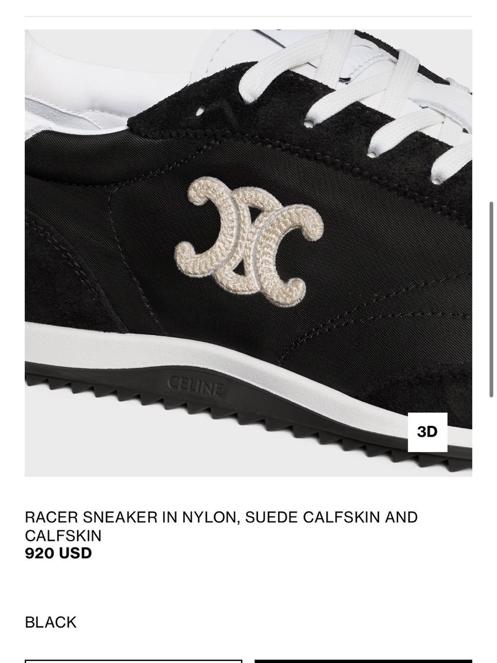 Celine Black and White Low-Top Racer Sneaker - Picture 3 of 7